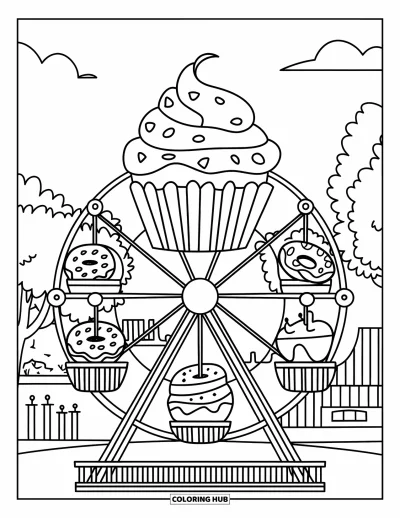 Coloriage de cupcakes pour enfants : Un cupcake sur une grande roue avec des biscuits et des donuts