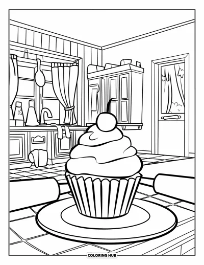 Coloriage de cupcakes pour enfants : Un cupcake est posé sur une assiette dans une cuisine confortable avec des rouleaux à pâtisserie