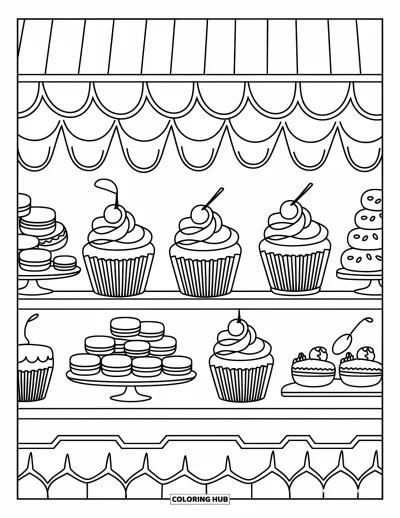 Coloriage de cupcakes pour enfants : Un stand de cupcakes dans un marché de rue animé avec d’autres desserts délicieux