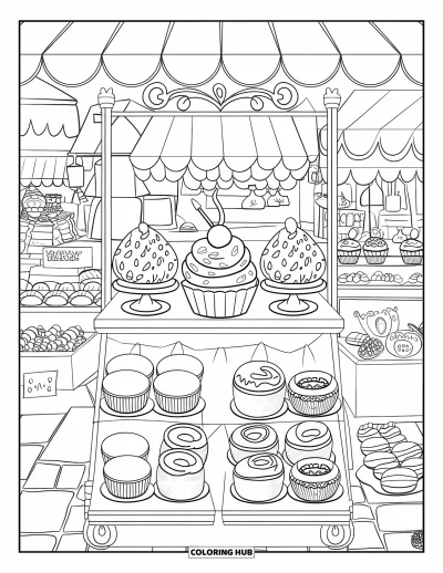 Coloriage de cupcakes pour enfants : Un stand de cupcakes dans un marché de rue animé avec des donuts et des macarons