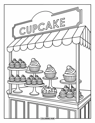 Coloriage de cupcakes pour enfants : Un stand de cupcakes sur un marché vivant avec divers desserts exposés