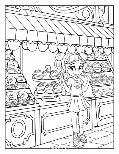 Coloriage de cupcakes pour enfants : Un stand de cupcakes sur un marché de rue avec une fille très enthousiaste