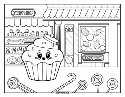 Coloriage de cupcakes pour enfants : Un cupcake visite une confiserie remplie de douceurs