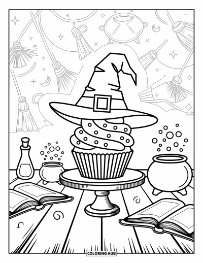 Coloriage de cupcakes pour enfants : Un cupcake portant un chapeau de sorcière entouré de grimoires et de potions bouillonnantes