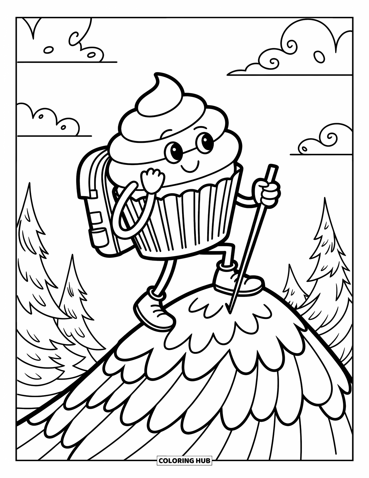 Cupcake Coloring Page for Kids: A cupcake with a backpack climbing a frosting mountain