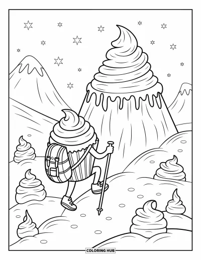 Coloriage de cupcakes pour enfants : Un cupcake avec un sac à dos escalade une montagne de glaçage avec des buissons en bonbons