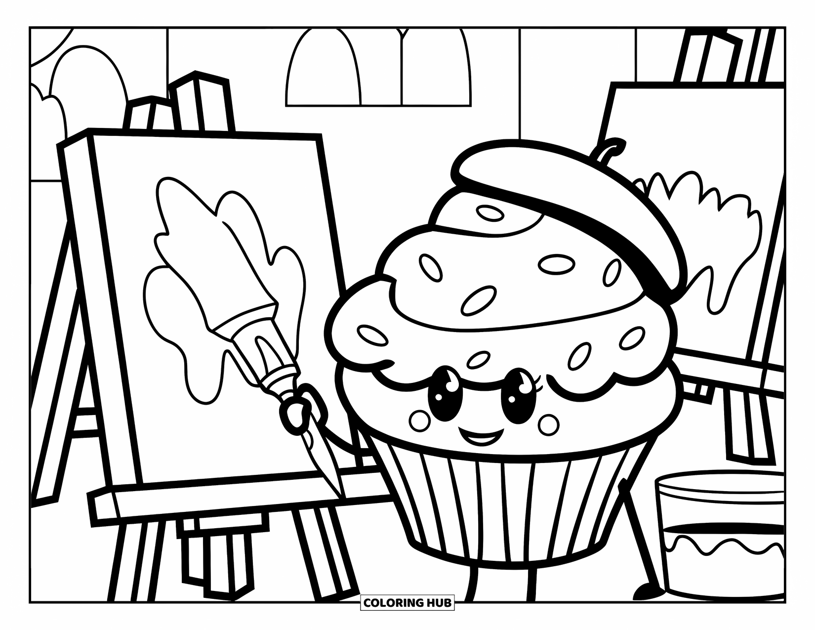 Cupcake Coloring Page for Kids: A cupcake with a beret paints a canvas with frosting in an art studio