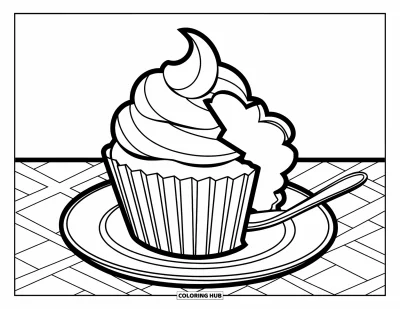 Coloriage de cupcakes pour enfants : Un cupcake avec une bouchée en moins est posé à côté d’une petite cuillère