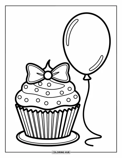 Coloriage de cupcakes pour enfants : Un cupcake avec un nœud et un ballon à côté