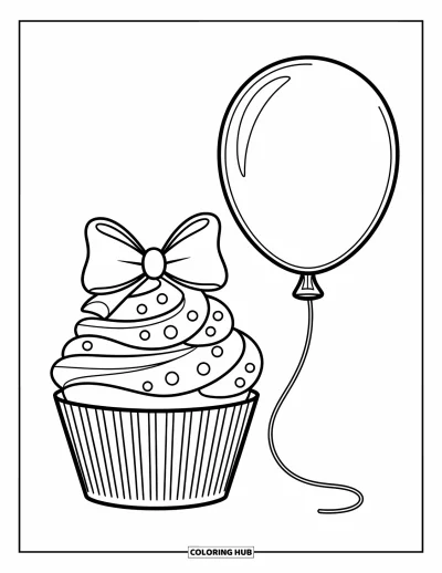 Coloriage de cupcakes pour enfants : Un cupcake avec un nœud et un ballon à côté