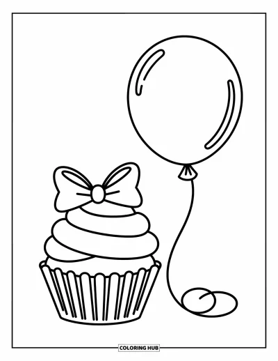 Coloriage de cupcakes pour enfants : Un cupcake avec un nœud et un ballon attaché