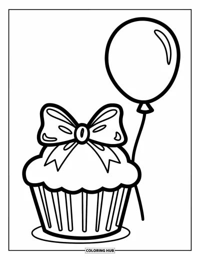 Coloriage de cupcakes pour enfants : Un cupcake avec un nœud et un ballon attaché