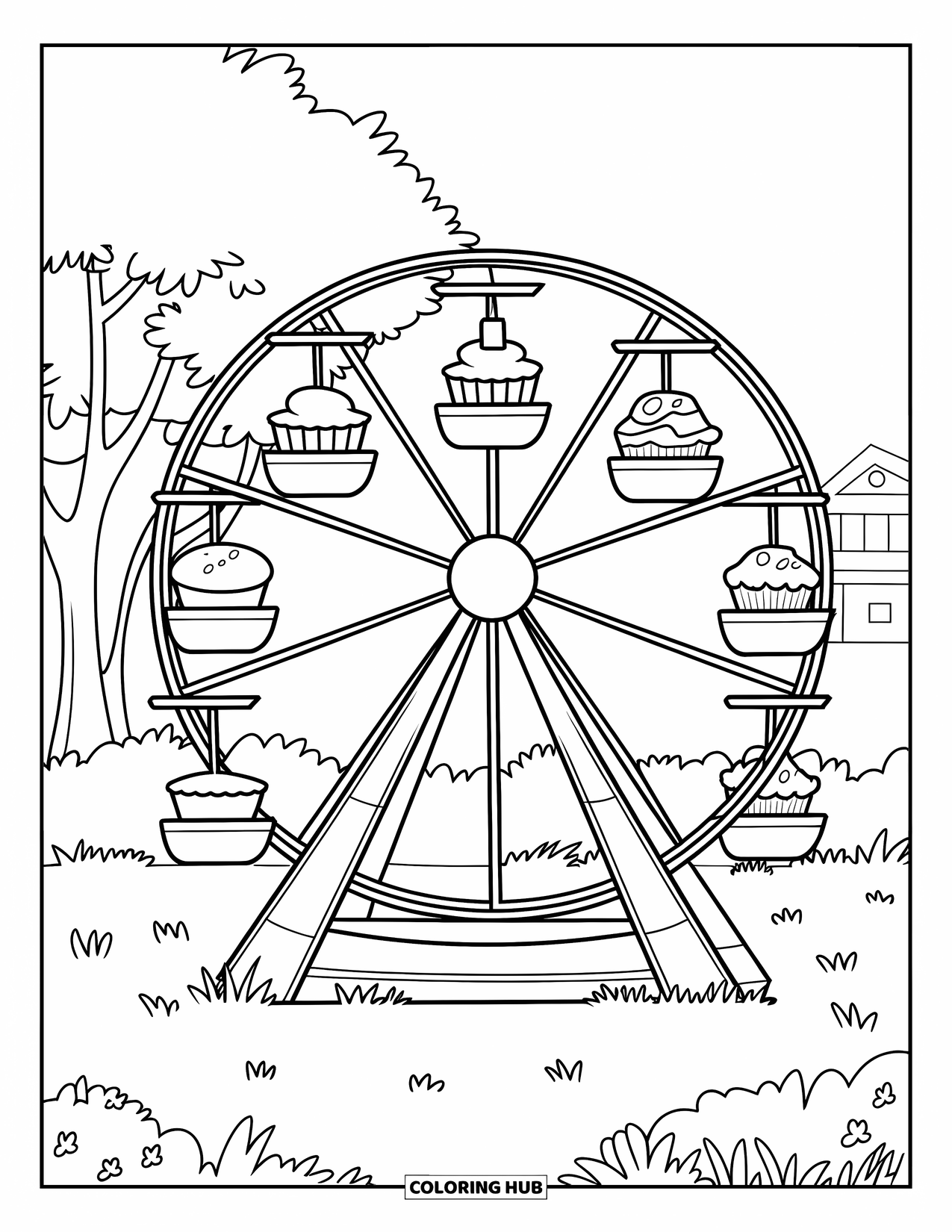 Cupcake Coloring Page for Kids: A cupcake with a candle rides a Ferris wheel with other desserts