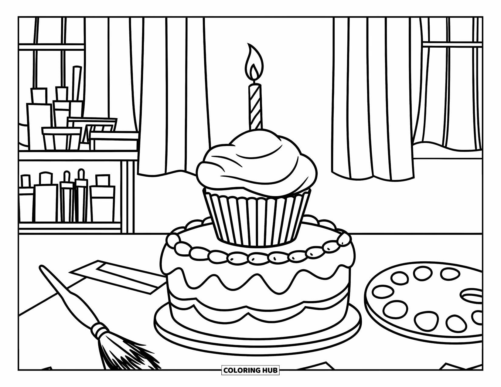 Cupcake Coloring Page for Kids: A cupcake with a candle stands on a cake beside art supplies
