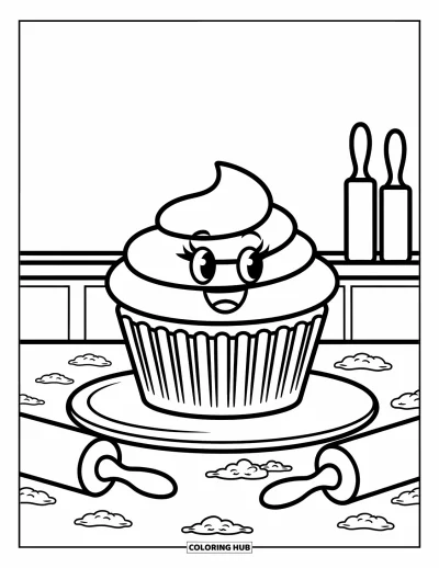 Coloriage de cupcakes pour enfants : Un cupcake au visage joyeux est posé sur un plan de travail avec de la farine et des rouleaux à pâtisserie