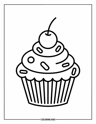 Coloriage de cupcakes pour enfants : Un cupcake avec une cerise et de gros vermicelles