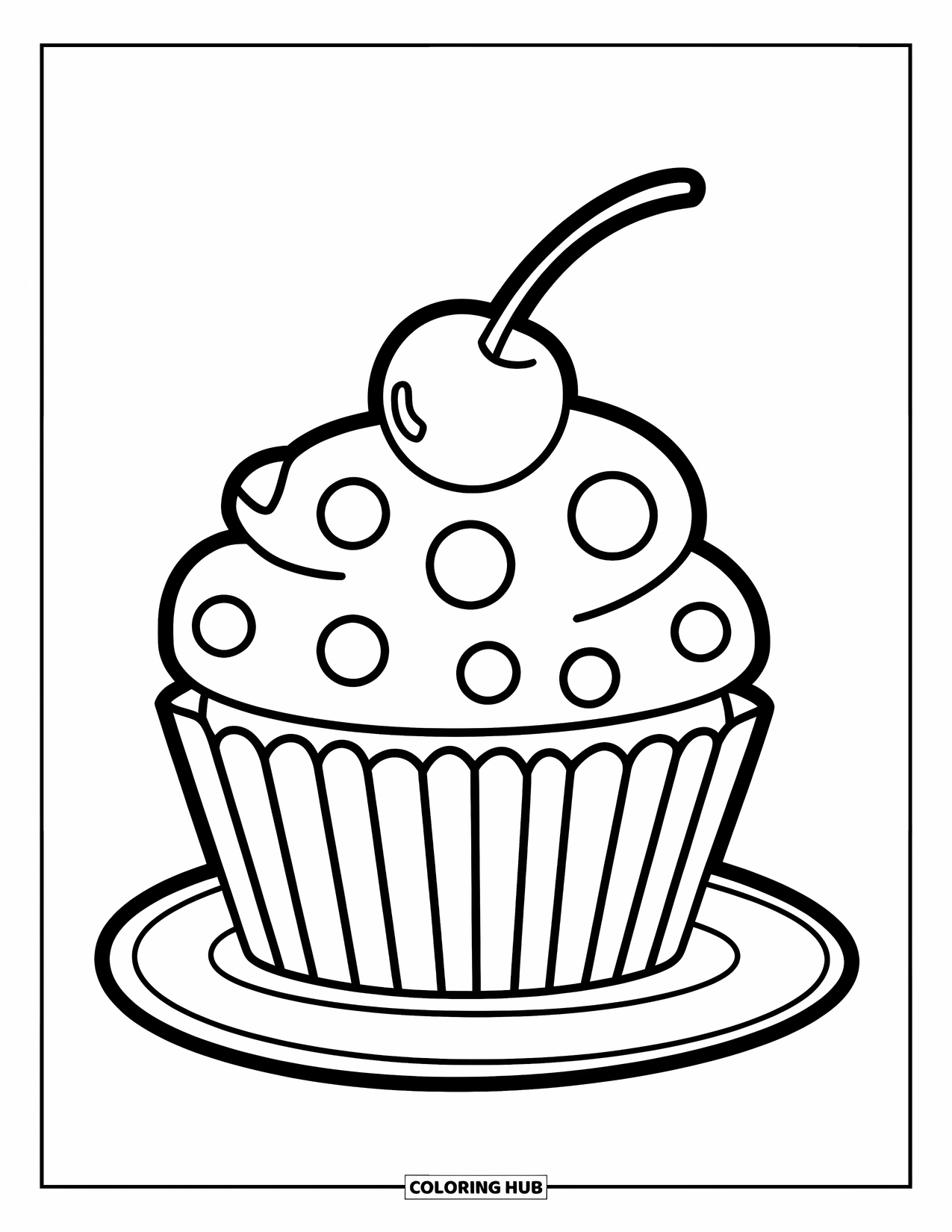 Cupcake Coloring Page for Kids: A cupcake with a cherry and dotted wrapper sits on a plate