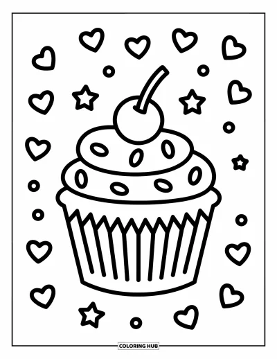 Coloriage de cupcakes pour enfants : Un cupcake avec une cerise et de gros vermicelles