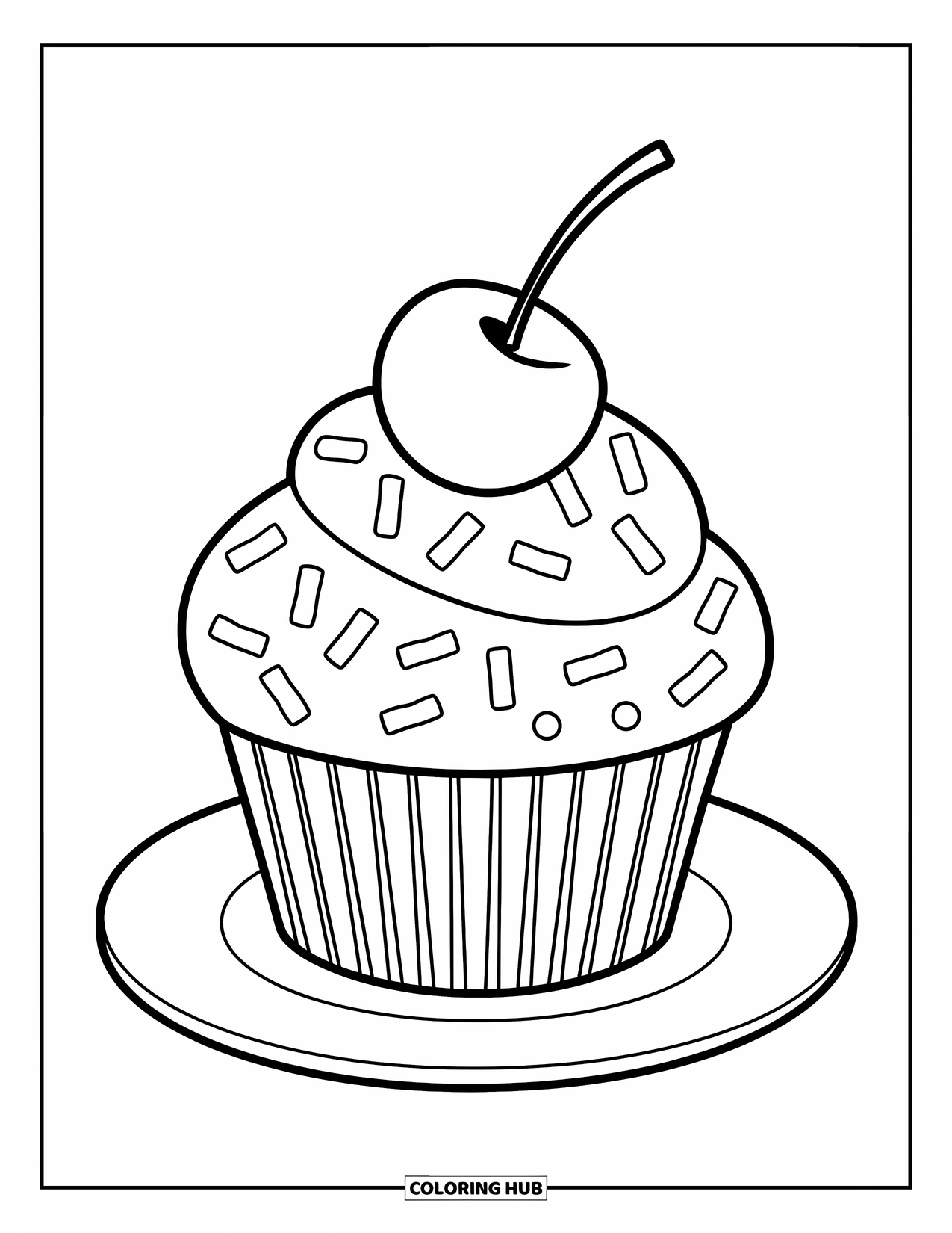 Cupcake Coloring Page for Kids: A cupcake with a cherry and large sprinkles on a plate