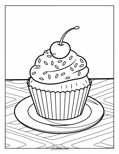 Coloriage de cupcakes pour enfants : Un cupcake avec une cerise et des vermicelles, posé sur une assiette