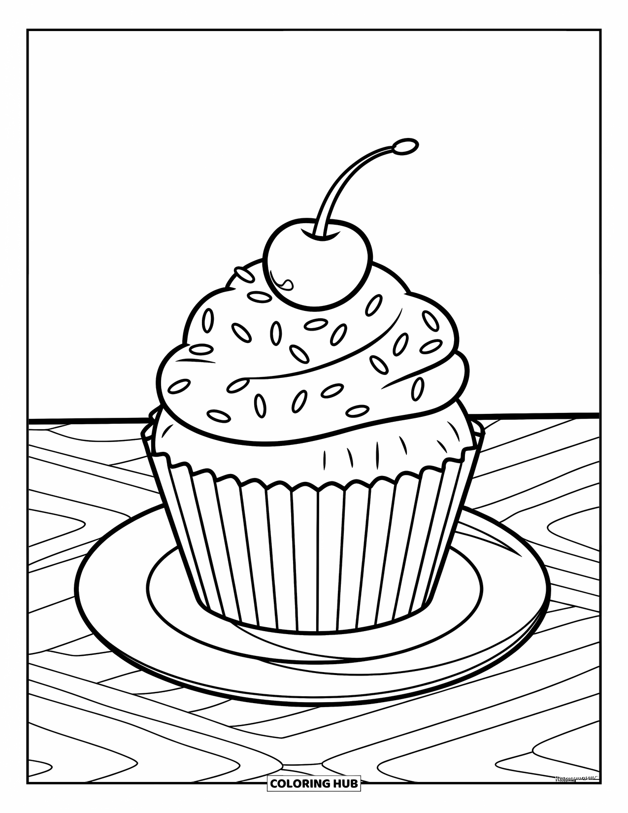 Cupcake Coloring Page for Kids: A cupcake with a cherry and sprinkles on a plate