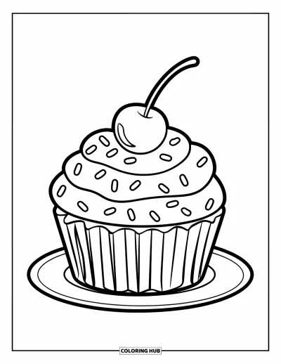 Coloriage de cupcakes pour enfants : Un cupcake avec une cerise et des vermicelles, posé sur une assiette
