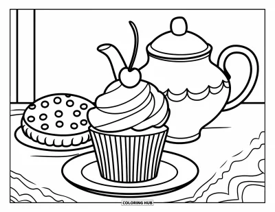 Coloriage de cupcakes pour enfants : Un cupcake avec une cerise profite d’un goûter avec un biscuit et une théière