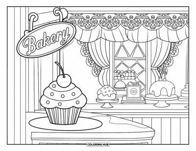 Coloriage de cupcakes pour enfants : Un cupcake avec une cerise sur le dessus dans une boulangerie vintage