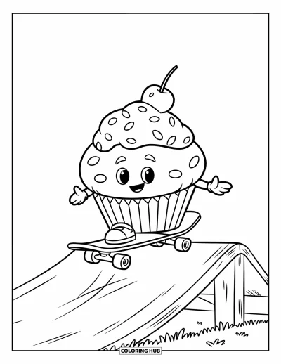 Coloriage de cupcakes pour enfants : Un cupcake avec une cerise descend une rampe en skateboard en portant un casque