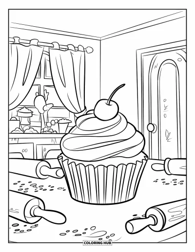 Coloriage de cupcakes pour enfants : Un cupcake avec une cerise se trouve dans une cuisine confortable avec de la farine et des rouleaux à pâtisserie