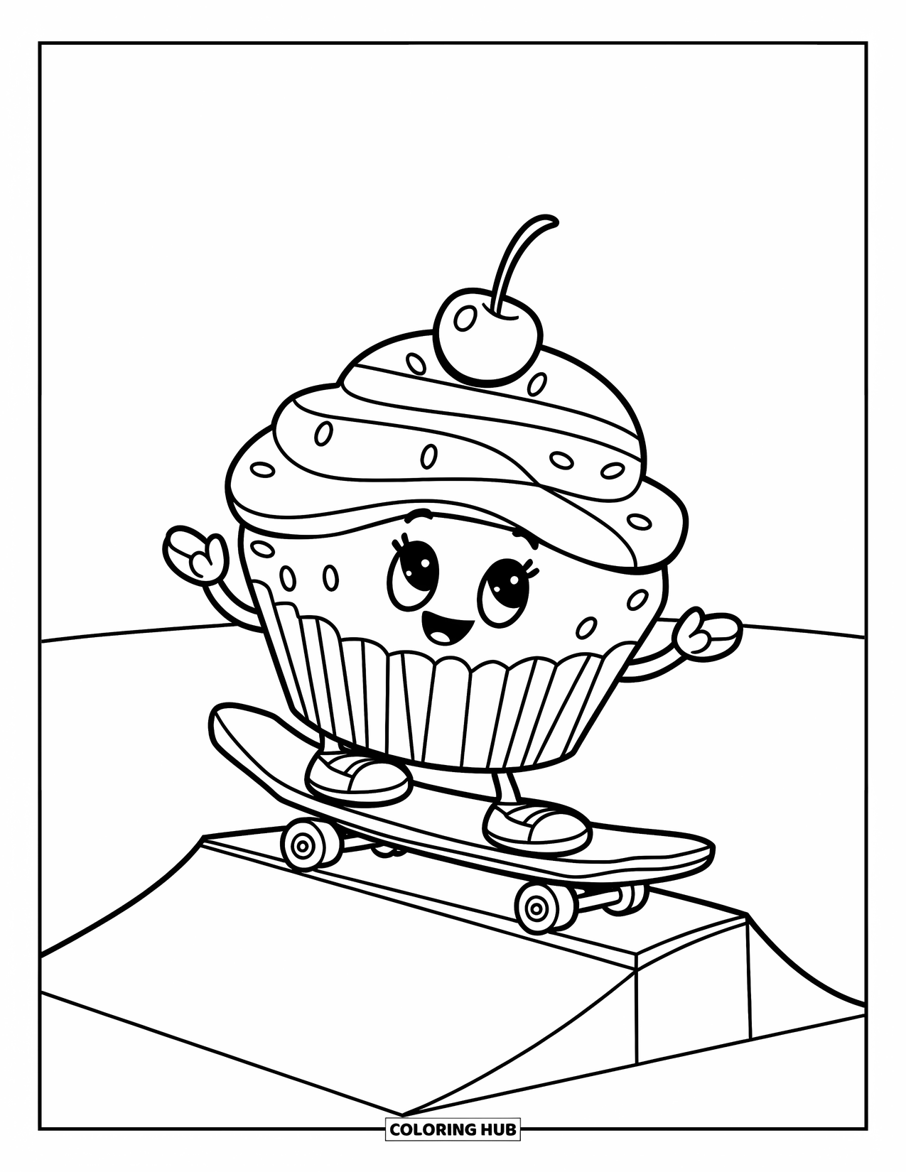 Cupcake Coloring Page for Kids: A cupcake with a cherry skateboards down a ramp wearing a helmet