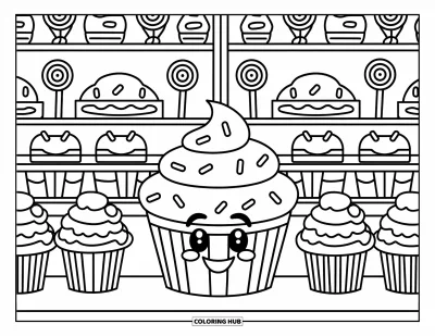 Coloriage de cupcakes pour enfants : Un cupcake au visage amical visite une confiserie remplie de douceurs