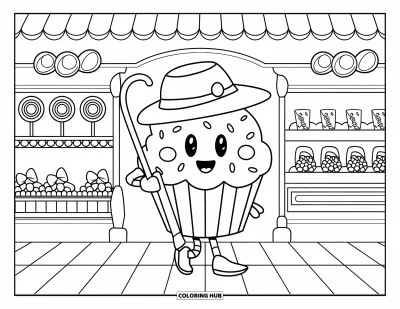 Coloriage de cupcakes pour enfants : Un cupcake avec un chapeau explore une confiserie aux étagères pleines de friandises