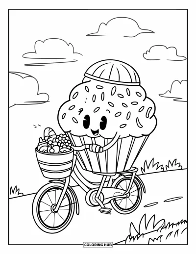 Coloriage de cupcakes pour enfants : Un cupcake avec un casque fait du vélo près des nuages et de l’herbe