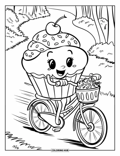 Coloriage de cupcakes pour enfants : Un cupcake avec un casque fait du vélo avec un panier rempli de vermicelles