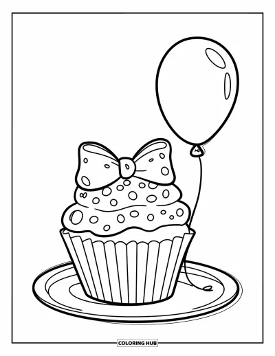 Coloriage de cupcakes pour enfants : Un cupcake avec un nœud rose et un ballon sur une assiette