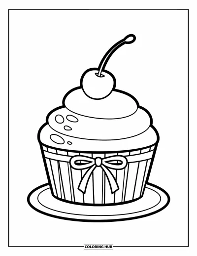 Coloriage de cupcakes pour enfants : Un cupcake avec un ruban et une cerise sur une assiette