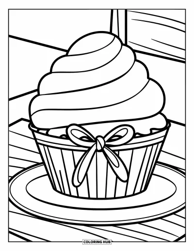 Coloriage de cupcakes pour enfants : Un cupcake avec un ruban noué et une cerise est posé sur une assiette