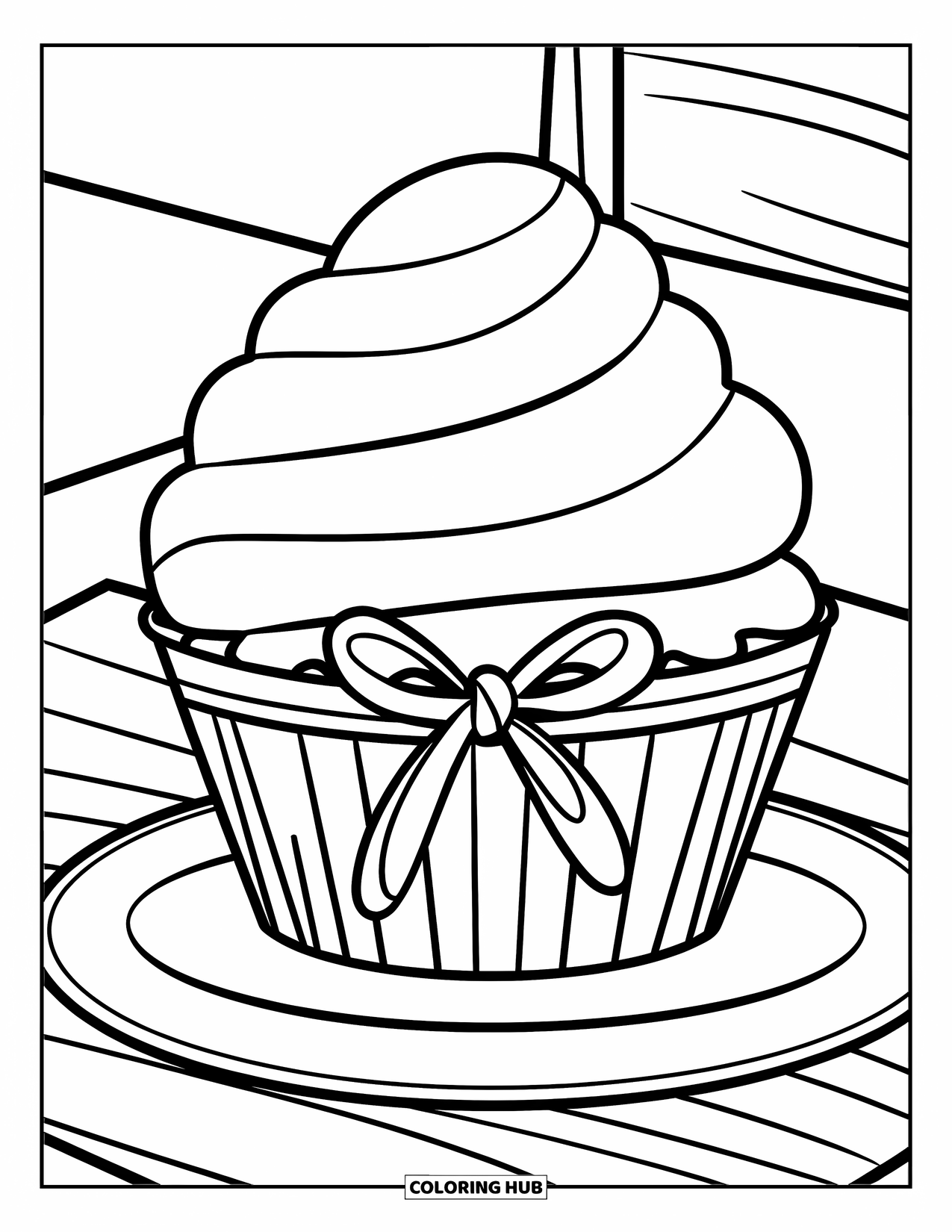 Cupcake Coloring Page for Kids: A cupcake with a ribbon tie and a cherry sits on a plate