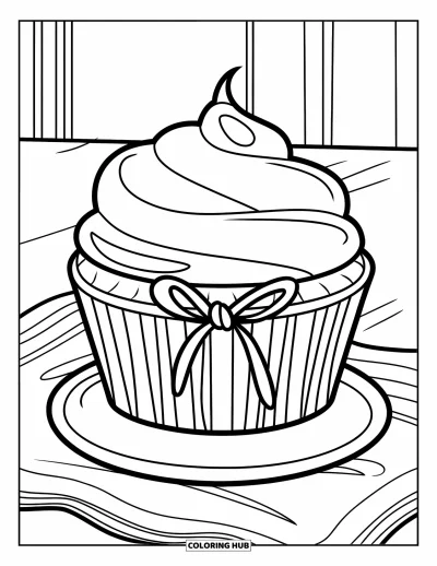 Coloriage de cupcakes pour enfants : Un cupcake avec une caissette nouée d’un ruban et des vermicelles sur une assiette