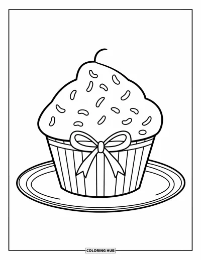 Coloriage de cupcakes pour enfants : Un cupcake dans une caissette nouée d’un ruban, posé sur une assiette