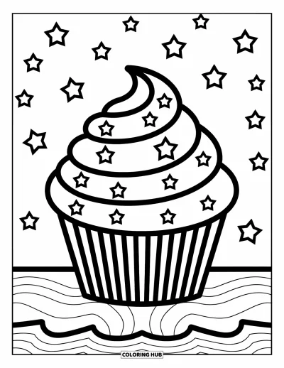 Coloriage de cupcakes pour enfants : Un cupcake avec un tourbillon de glaçage et des vermicelles en forme d’étoile