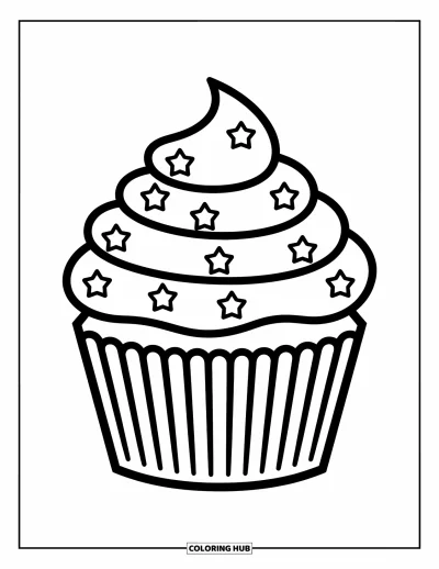 Coloriage de cupcakes pour enfants : Un cupcake avec un tourbillon de glaçage et des vermicelles en forme d’étoiles