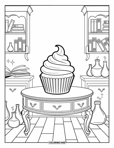 Coloriage de cupcakes pour enfants : Un cupcake avec un chapeau de sorcière entouré de grimoires et de potions lumineuses