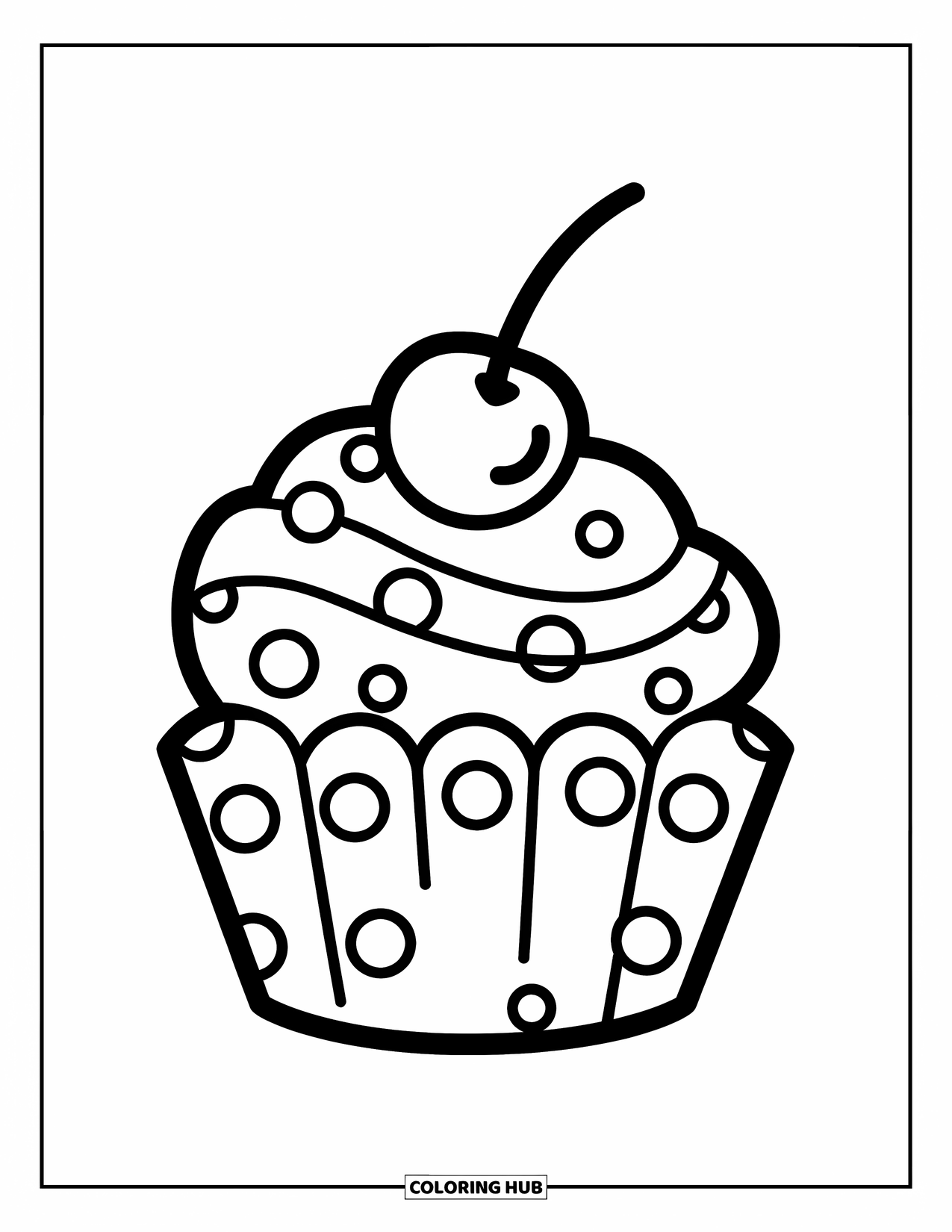 Cupcake Coloring Page for Kids: A cupcake with big dots and a cherry sits on a plate