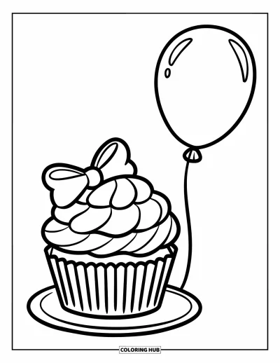 Coloriage de cupcakes pour enfants : Un cupcake au cœur chocolaté, avec un nœud rose et un ballon sur une assiette