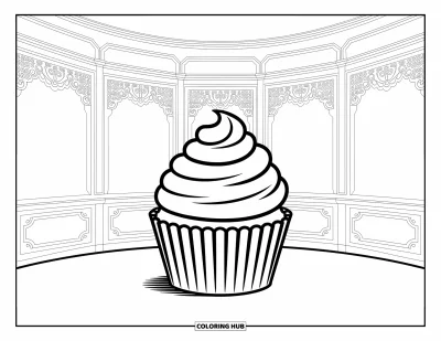 Coloriage de cupcakes pour enfants : Un cupcake avec des détails de dentelle dans une boulangerie victorienne