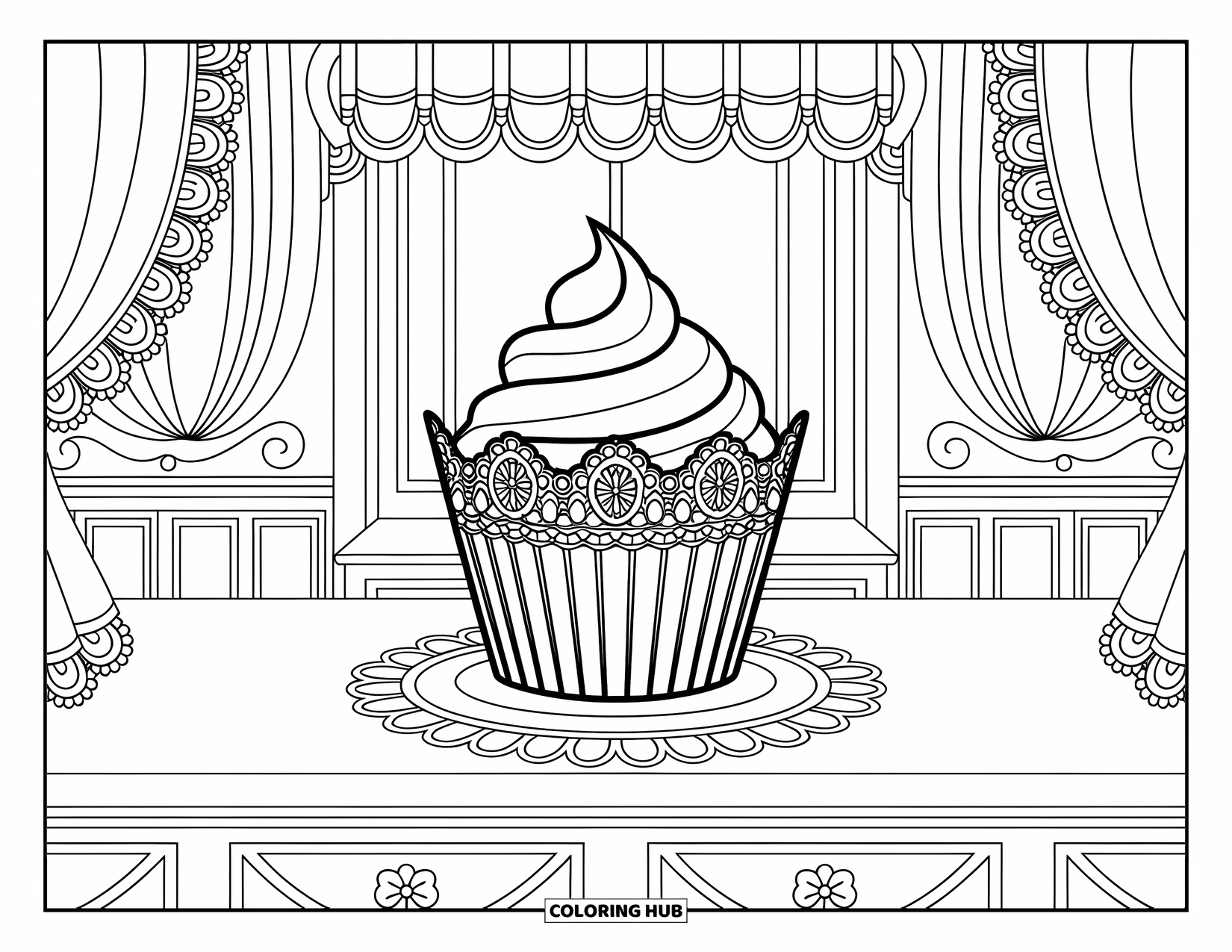 Cupcake Coloring Page for Kids: A cupcake with lace details on a vintage bakery counter