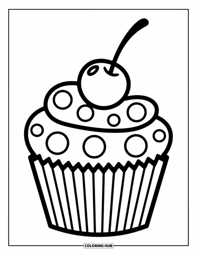 Coloriage de cupcakes pour enfants : Un cupcake avec des pois sur sa caissette et une cerise sur le dessus