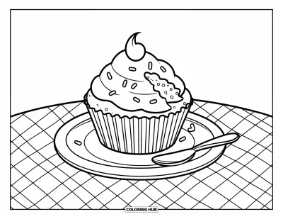 Coloriage de cupcakes pour enfants : Un cupcake avec des vermicelles et une bouchée en moins à côté d’une cuillère